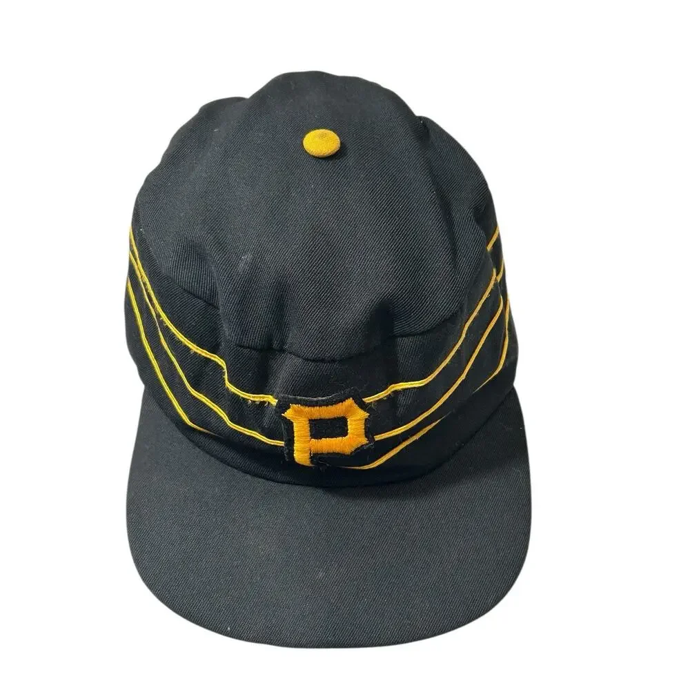 Vintage 70s Pillbox Pittsburgh Pirates Hat Cap Fitted Striped Black Broken Bill